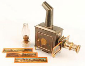 Magic lantern and kerosene lamp.