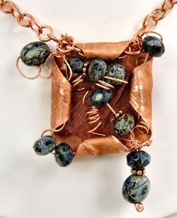 Freeform Blue, Green, and Copper Beaded Metal Necklace