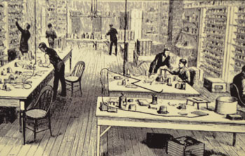 Illustration depicting Edison's workshop at Menlo Park, NJ