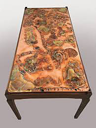 Flame painted and inked copper topped coffee table by Koja Designs.