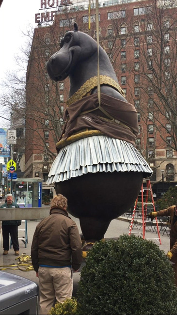 Installing the bronze Ballerina Hippo sculpture in New York City.