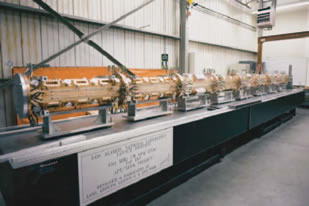 Eight one-meter-long copper sections comprise the cryogenic linear accelerator at Los Alamos National Laboratory 