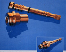 A household faucet stem machined from Free-Cutting Brass. Insert shows the assembled product.