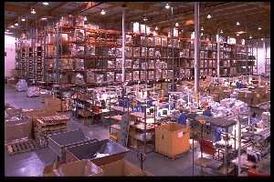 Overhead view of the disassembly and warehouse area of the Roseville facility
